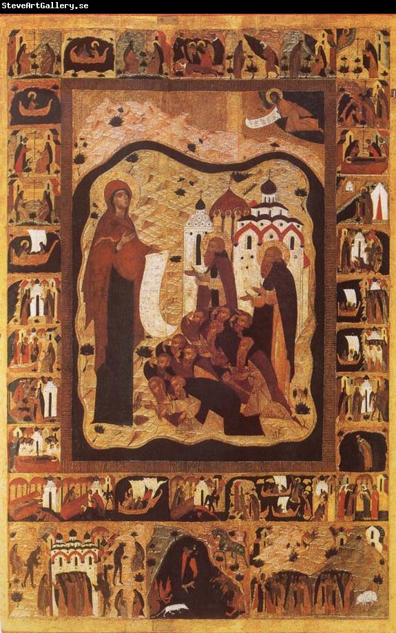 unknow artist Our Lady of Bogolijubovo with Saint Zocime and Saint Savvatii and Scenes from their Lives